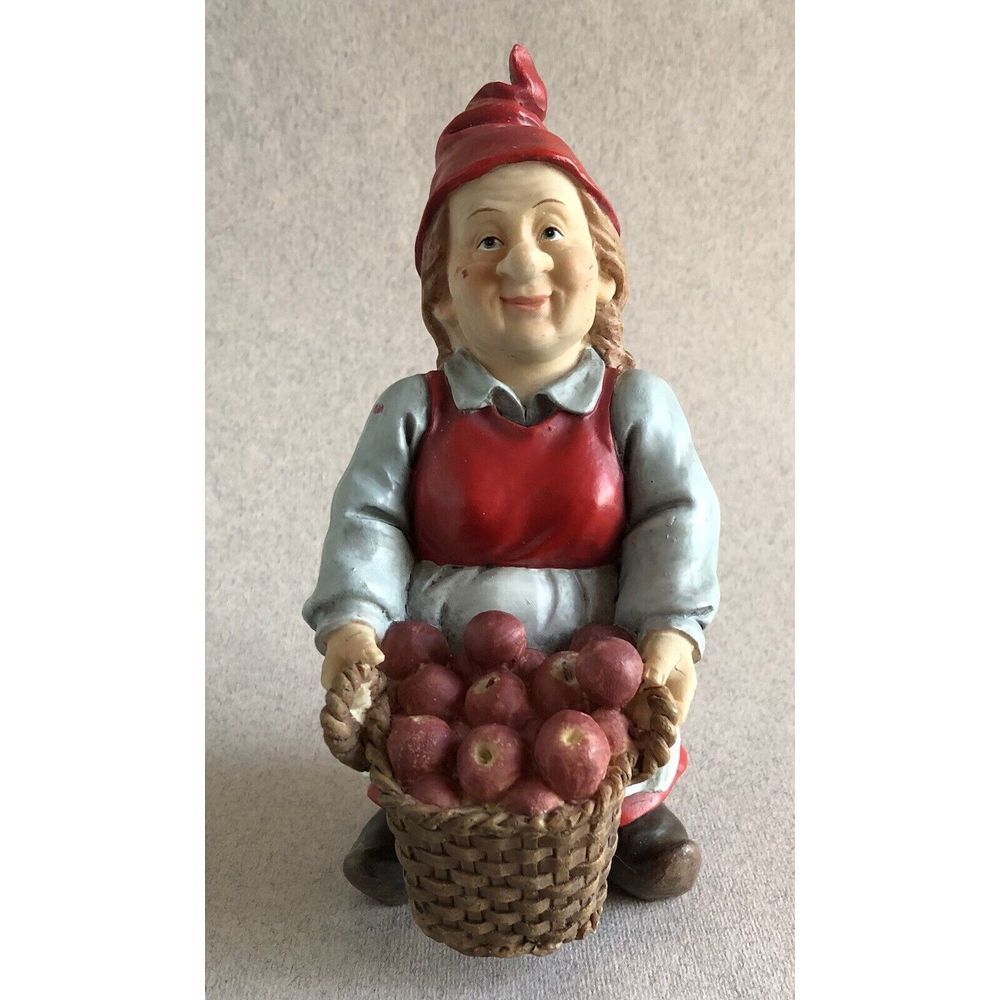 Vintage Resin 6.5" Gnome Figure Woman With Basket Of Apples